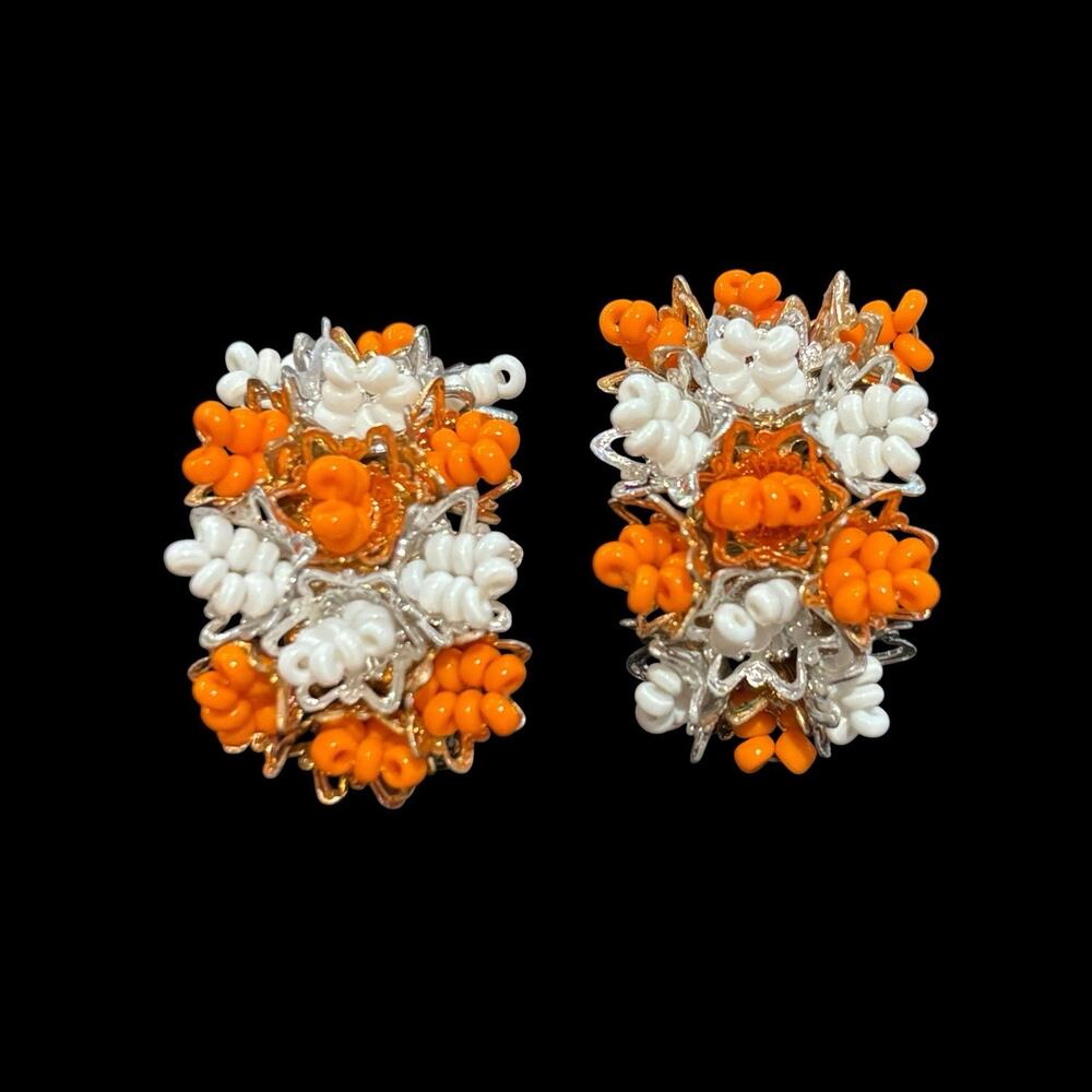 Vintage Hong Kong Orange & White Seed Bead Floral Cluster Clip On Earrings 1960s